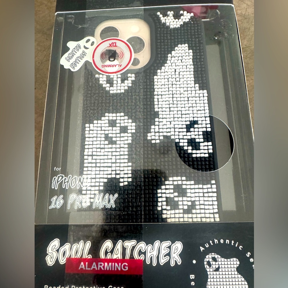 Black& white GHOST”sewn/ beaded “ Protective Case for iPhone 16 Pro Max👻zoom in